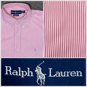 Ralph Lauren Men Large Classic Fit Cotton Long Sleeve Pink & White Stripe Shirt